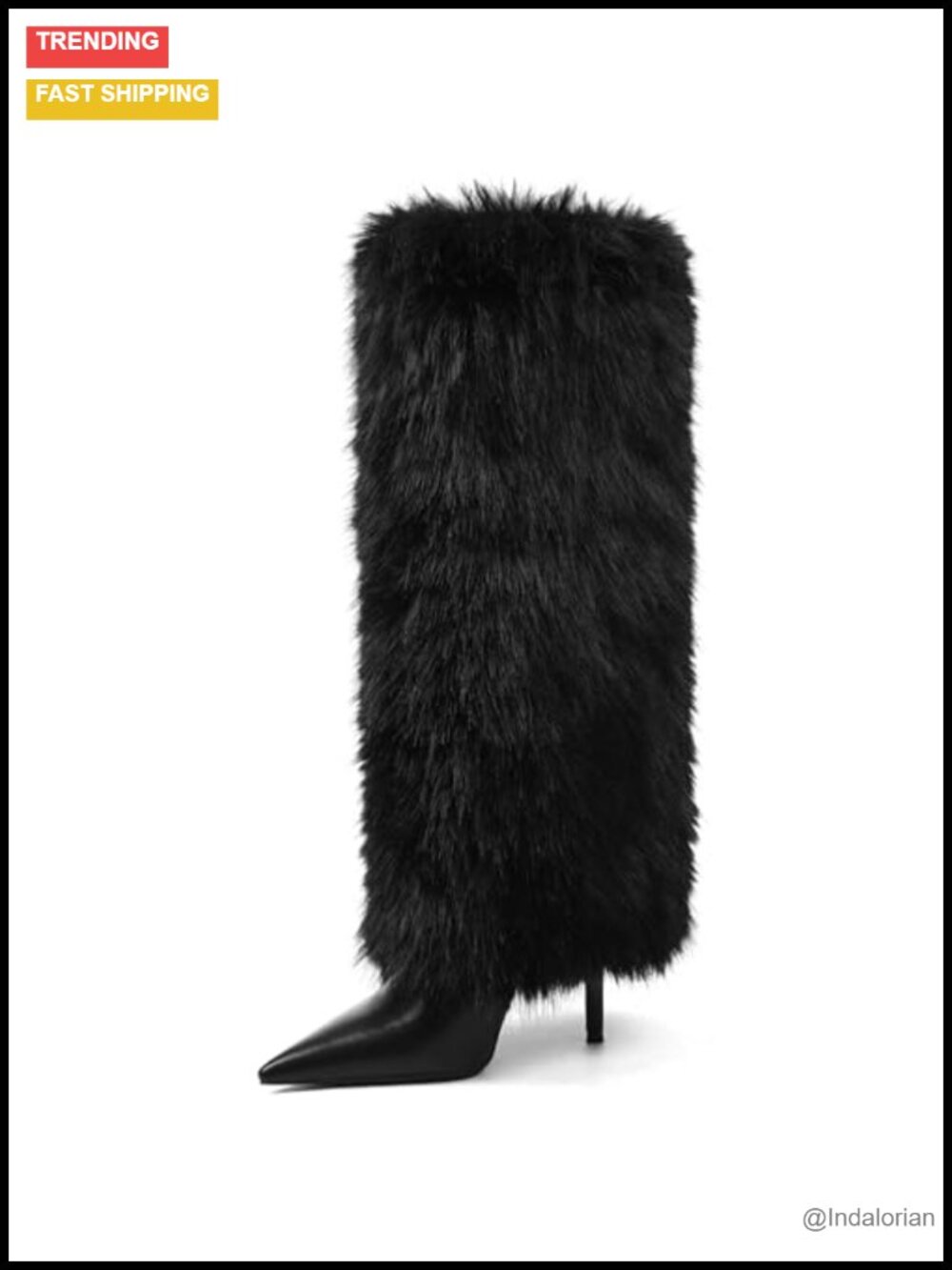 Fold Over Faux Fur Knee High Boots Pointed Toe Stiletto Heel Womens